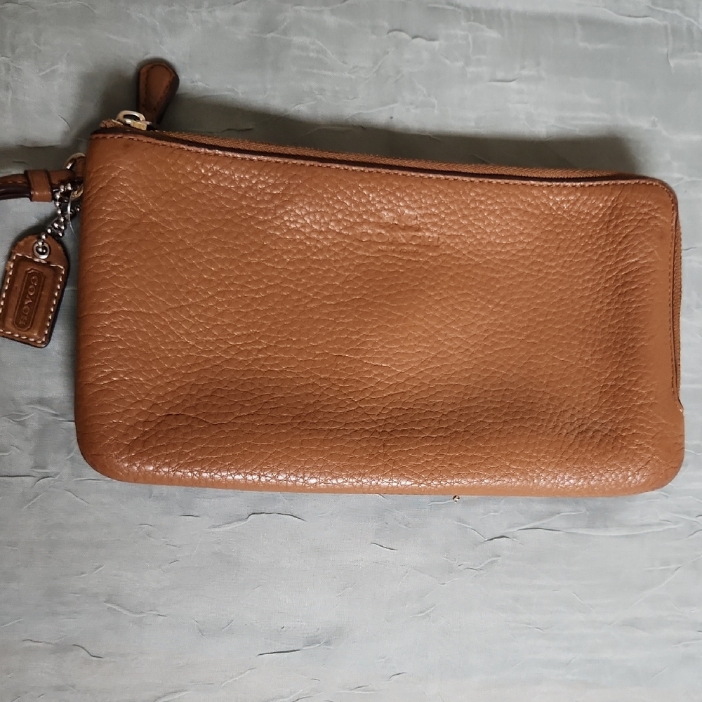 Coach Womens Brown Leather Wristlet with Pebbled Texture